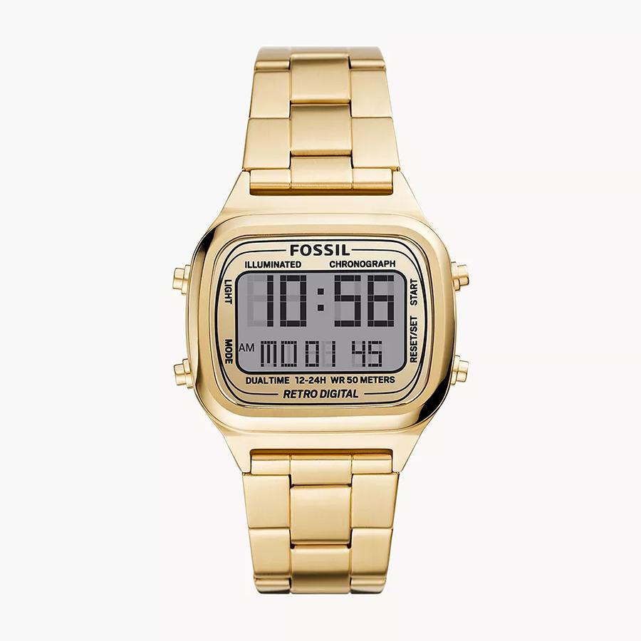 

Мужские ретро-цифровые часы Fossil с золотым циферблатом и золотым стальным ремешком - FS5843