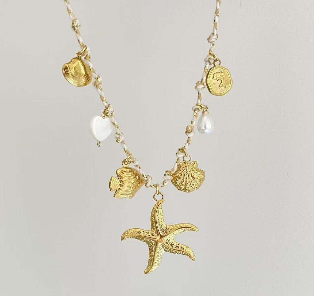 Summer Sea Breeze Starfish & Seashell Heart Pendant Rope Necklace