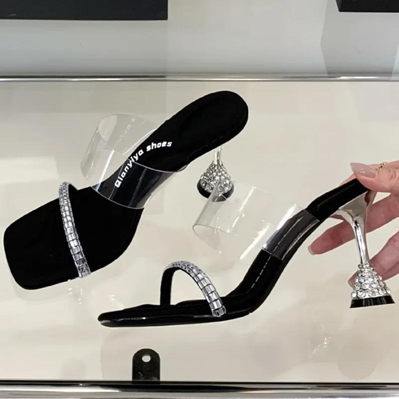 Fashion New Style Designer Shiny Rhinestone High Heels Women Sexy Open Toe Transparent PVC Slide Sandals Elegant Banquet Wedding Shoes