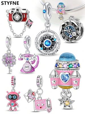 Copper Plated Original Charms Pink Rocket Robot Phone Beads Fit Bracelet Women'S Jewelry Gift