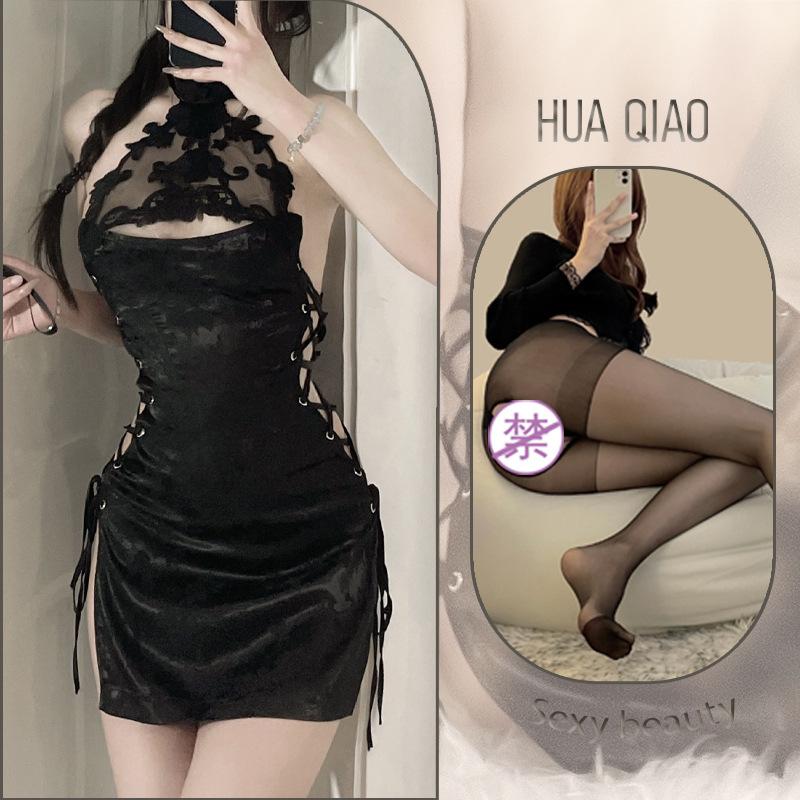 Vintage sex underwear straps cheongsam perspective hollow side split neck sexy temptation free uniform women's suit