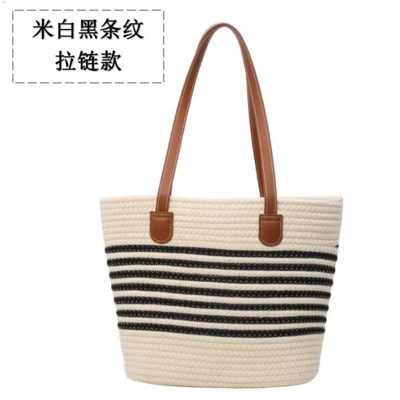 Versatile High-end Straw Bag, Seaside Vacation Striped Woven Bag, Women's Large-capacity Shoulder Beach Tote Bag