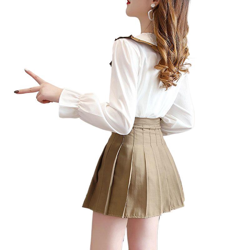 Women's Two-Piece Set: College-Style Doll Collar Shirt and High-Waist Pleated Skirt
