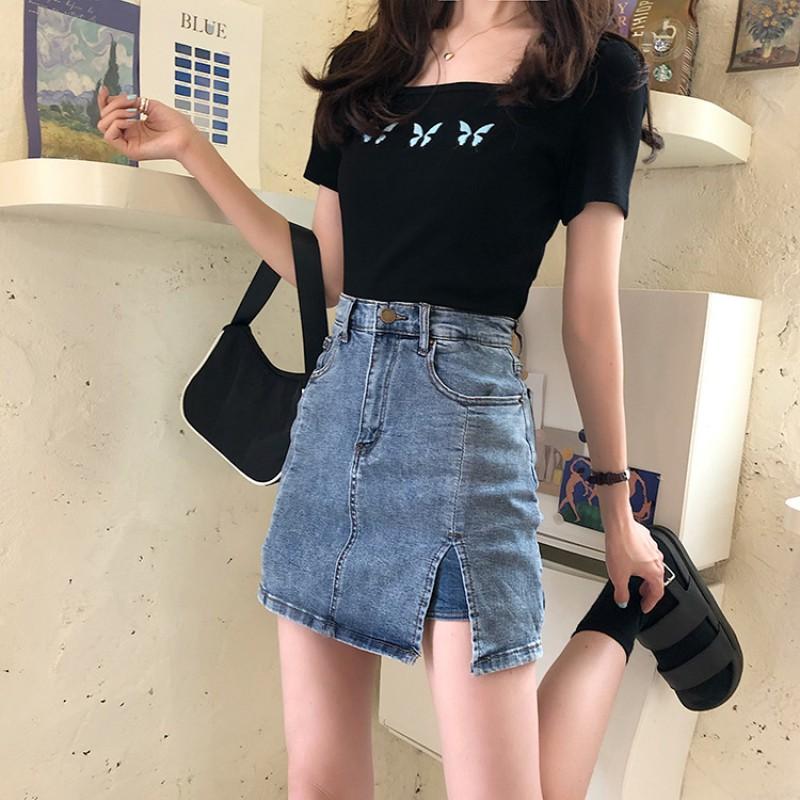 High Waist Denim Skirt Women A-Line Mini With Side Slit Retro Vintage Style Stretch Cotton Blend