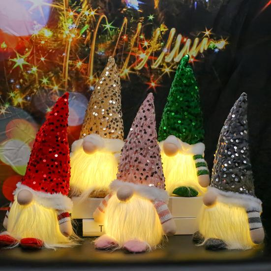 Light-Up Christmas Gnome Decoration Handmade Sequin Hat Faceless Dwarf Doll with Light Glowing Plush Elf Ornament Holiday Party Gift
