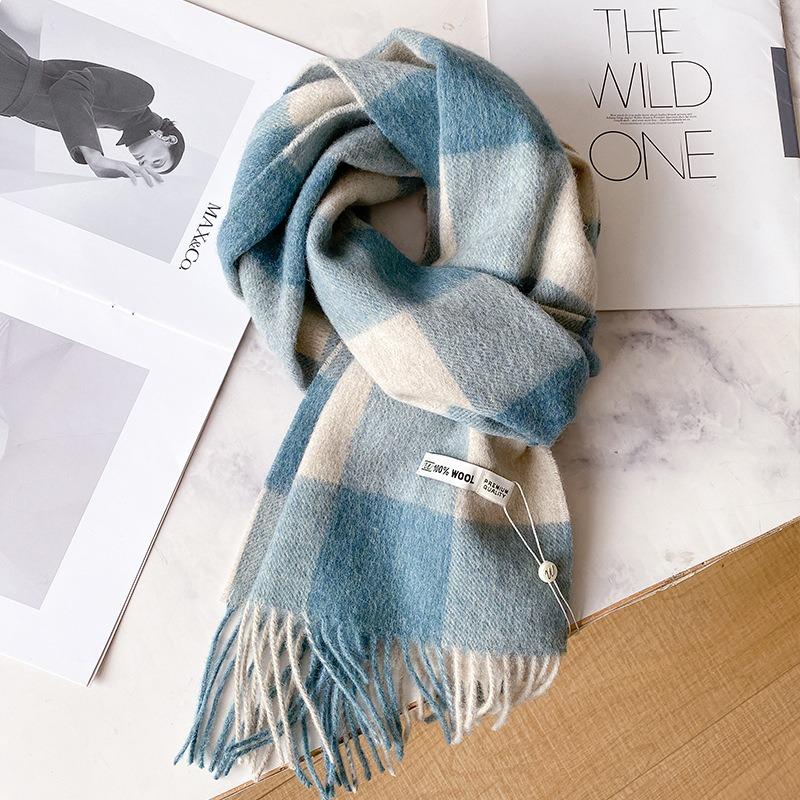 Blue wool scarf men's winter plaid new high-end gift for boyfriend boys
