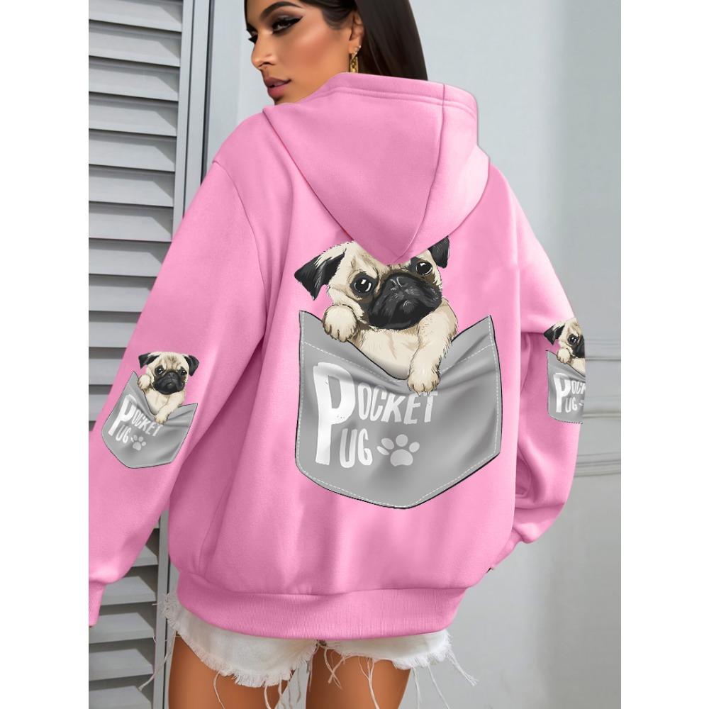 

Pocket Pug Hoodies Women Cartoons dog Prints Hooded Loose Pockets Sweatshirts Winter Fleece Warm Tops XL