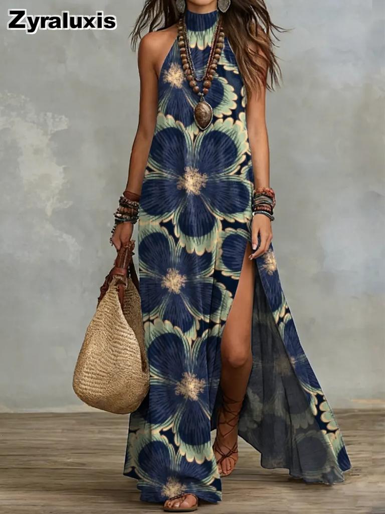 Summer Bohemian Ruffle Open-Shoulder Printed Maxi Dress
