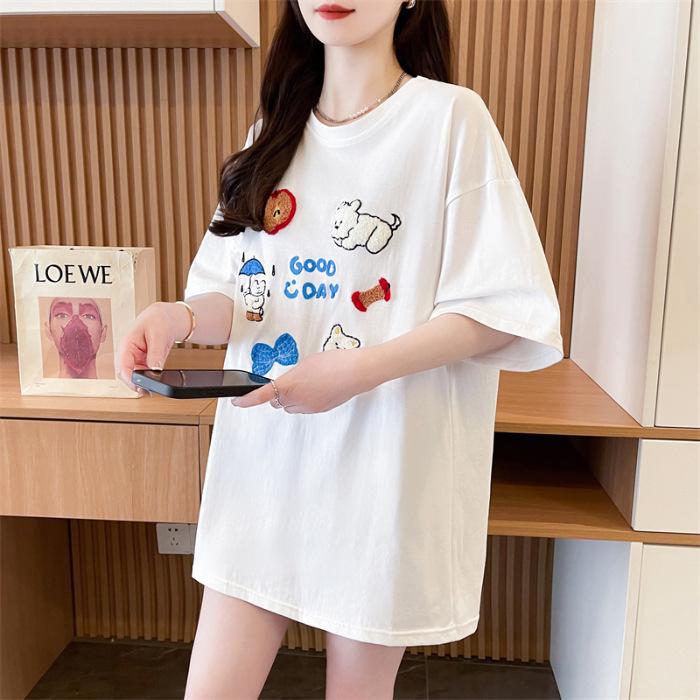 Large size women's clothing, foreign style, summer fashion embroidery, loose cartoon t-shirt, short-sleeved women's