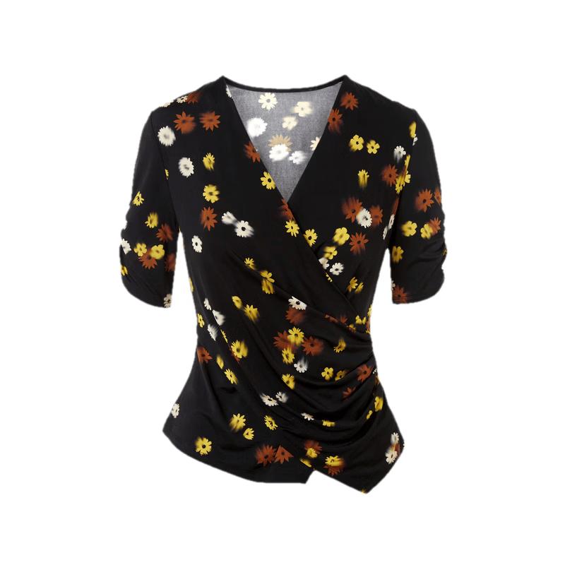 LANCY V-Neck Daisy Print Short Sleeve Blouse M
