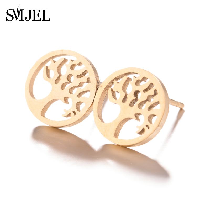 Fashion Round Tree of Life Stud Earrings Women Bohemian Tree Plant Jewelry Stainless Steel Earrings Ear Accessories Bijoux