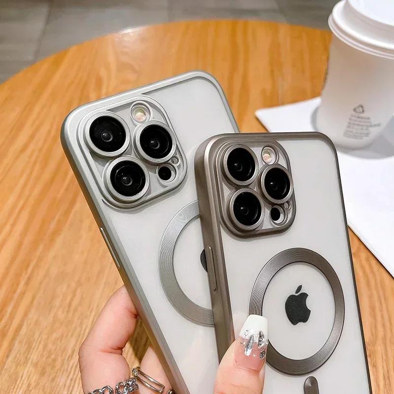 Luxury Frosted Style Magnetic Wireless Charge Case For iPhone 15 14 13 12 11 Pro Max Plus Fashion Plating Magsafe Bumper Cover