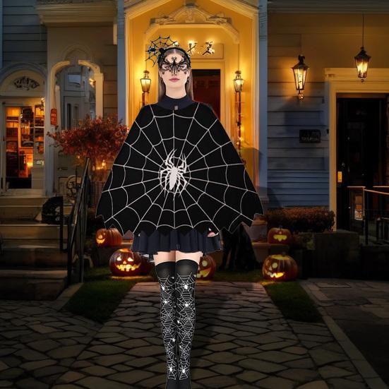 Halloween Spider Web Costume for Women Black Lace Headband Choker Gloves Spider Web Cape Masque Thigh High Long Stockings