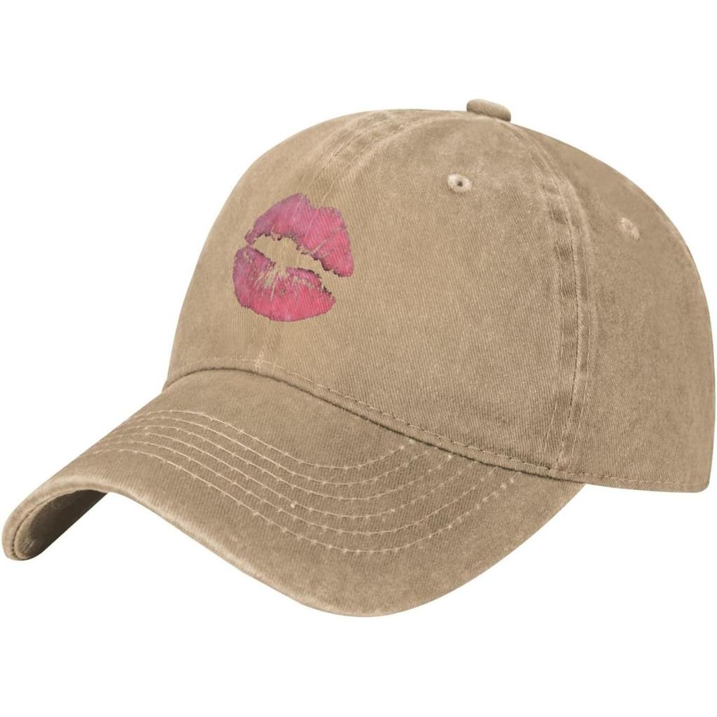 Kiss Pink Lips Washed Baseball Cap Breathable Cotton Low Profile Dad Hat for Unisex
