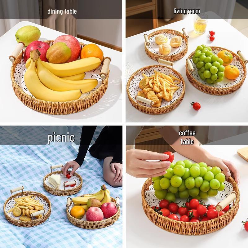 Gewebter Rattan Snack- und Obstteller - Gebäck-, Kuchen-, Brot- und Trockenfrüchtekorb für Wohnzimmer