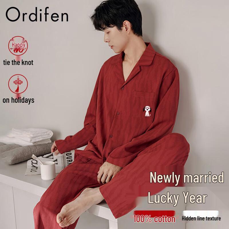 Oudifen Red Cotton Couple s Pajama Set L