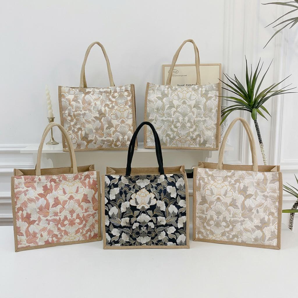 Floral Print Handbag Structured Linen Leather Tote Bag Large Capacity Tote Comfortable Urban Tote For Short Trips Work Daily