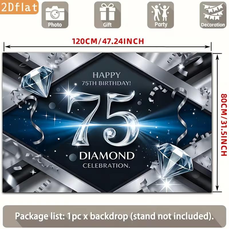 2D 75th Birthday Photography Backdrop Diamond Celebration & Silver Confetti Party Background