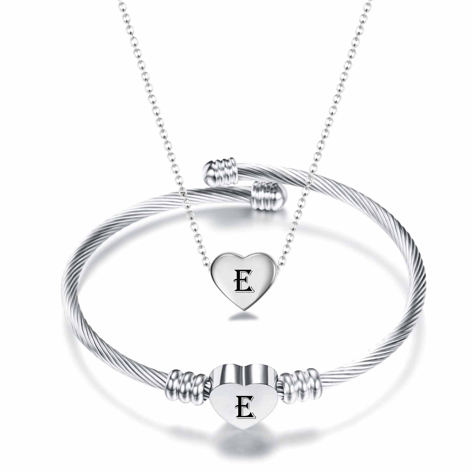 Heart Alphabet Stainless Steel Necklace & Bracelet Set - Laser Engraved