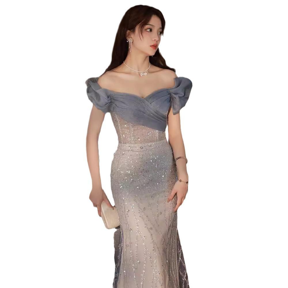 Blue fishtail evening dress dress women's 1011 new style light luxury niche French toast bride wedding dress