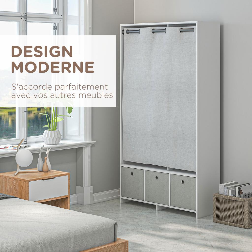 Wardrobe Storage Cabinet with Rail Curtains 3 Removable Fabric Drawers 105 X 48 X 160 Cm White