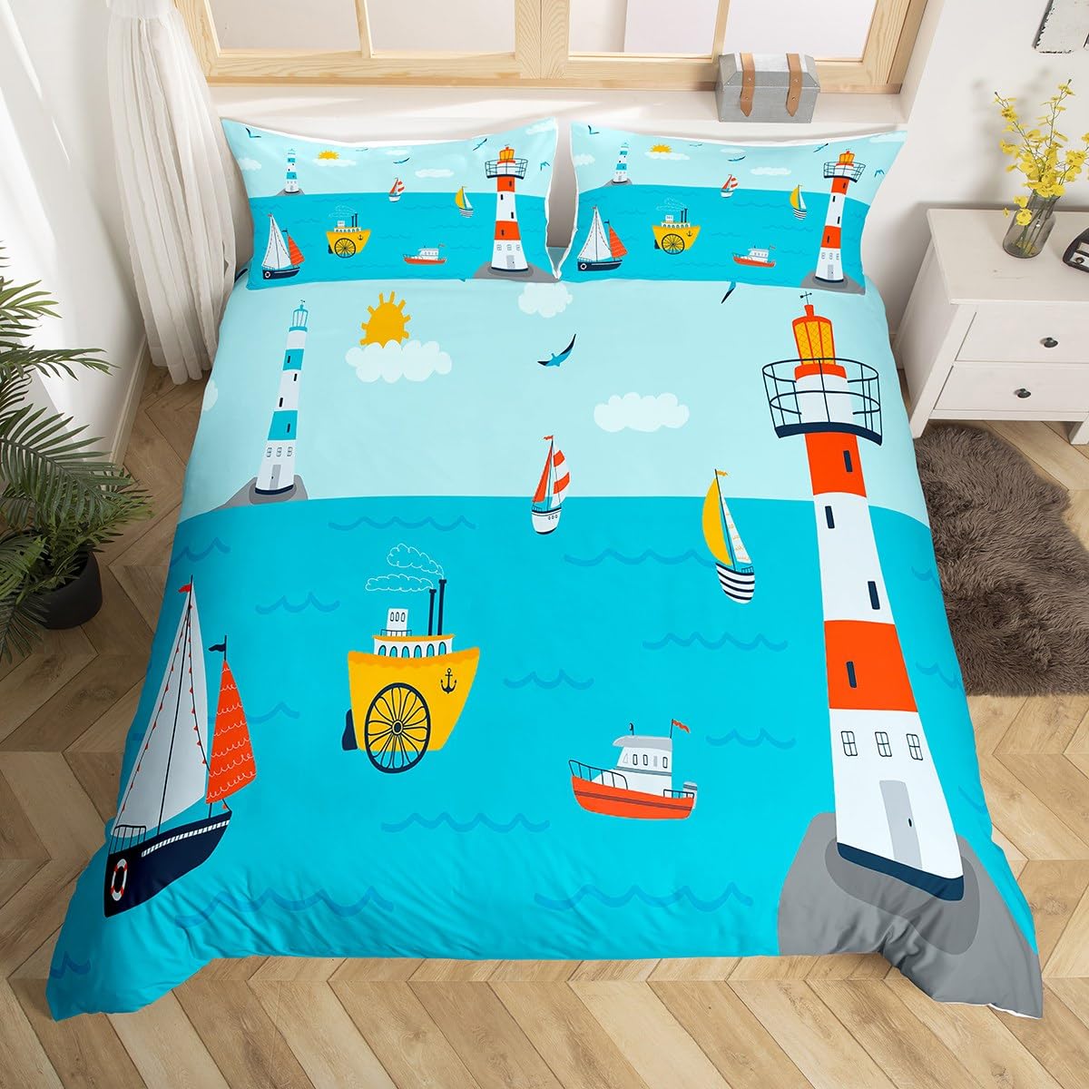

Nautical Comforter Cover Sailboat Lighthouse Duvet Cover Watercolor Ocean Themed Bedding Set Summer Beach Polyester Quilt Cover EU Single(135x200cm)