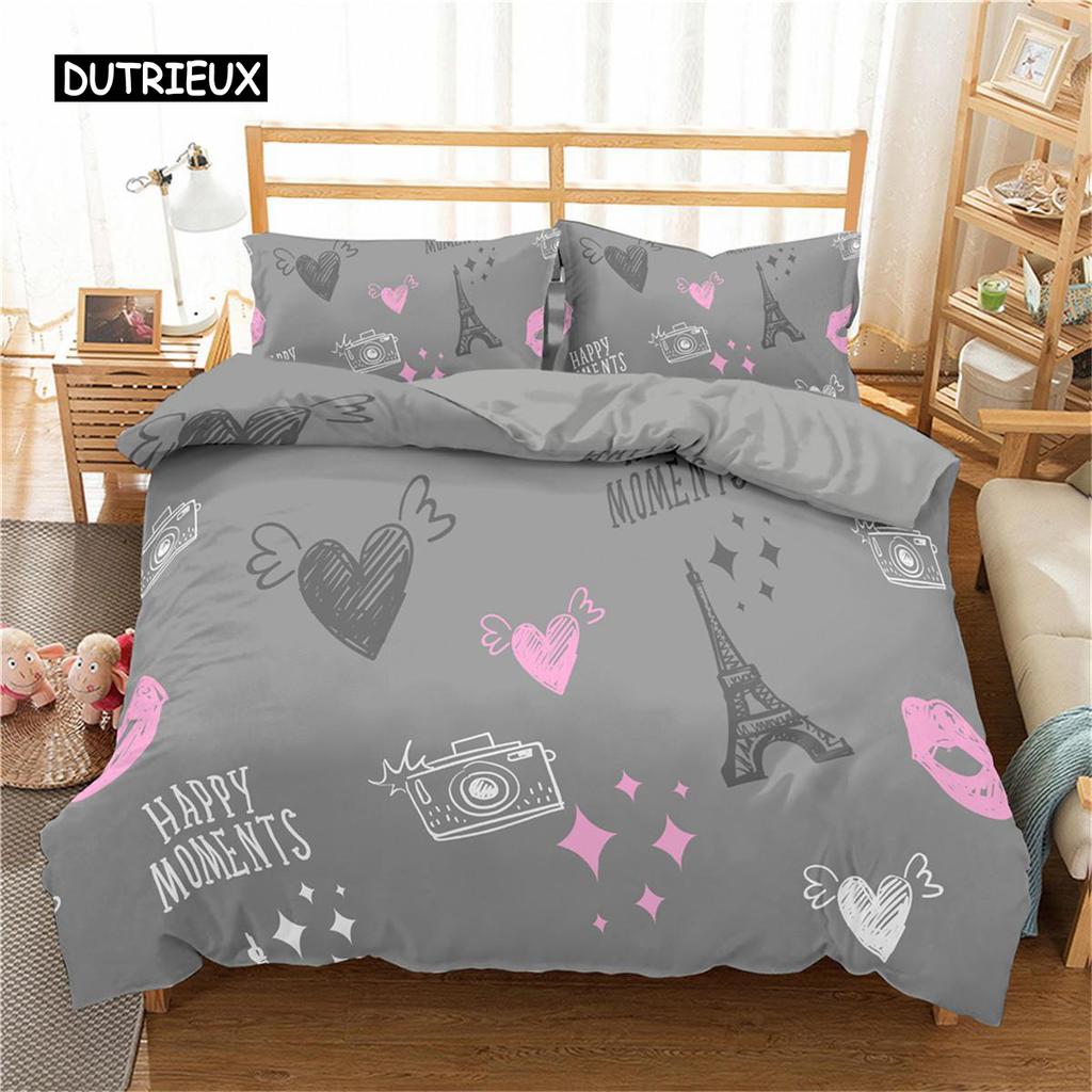 Eiffel Tower Duvet Cover Set King Paris Eiffel Tower Themed Bedding Set Polyester Cityscape Romantic Pink Love Heart Quilt Cover