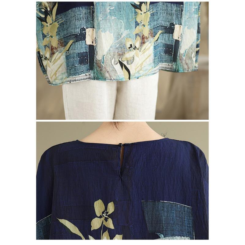 Letnia bawełniana lniana bluzka w stylu etnicznym z luźnym dużym rozmiarem, z okrągłym dekoltem, damska koszulka z krótkim rękawem