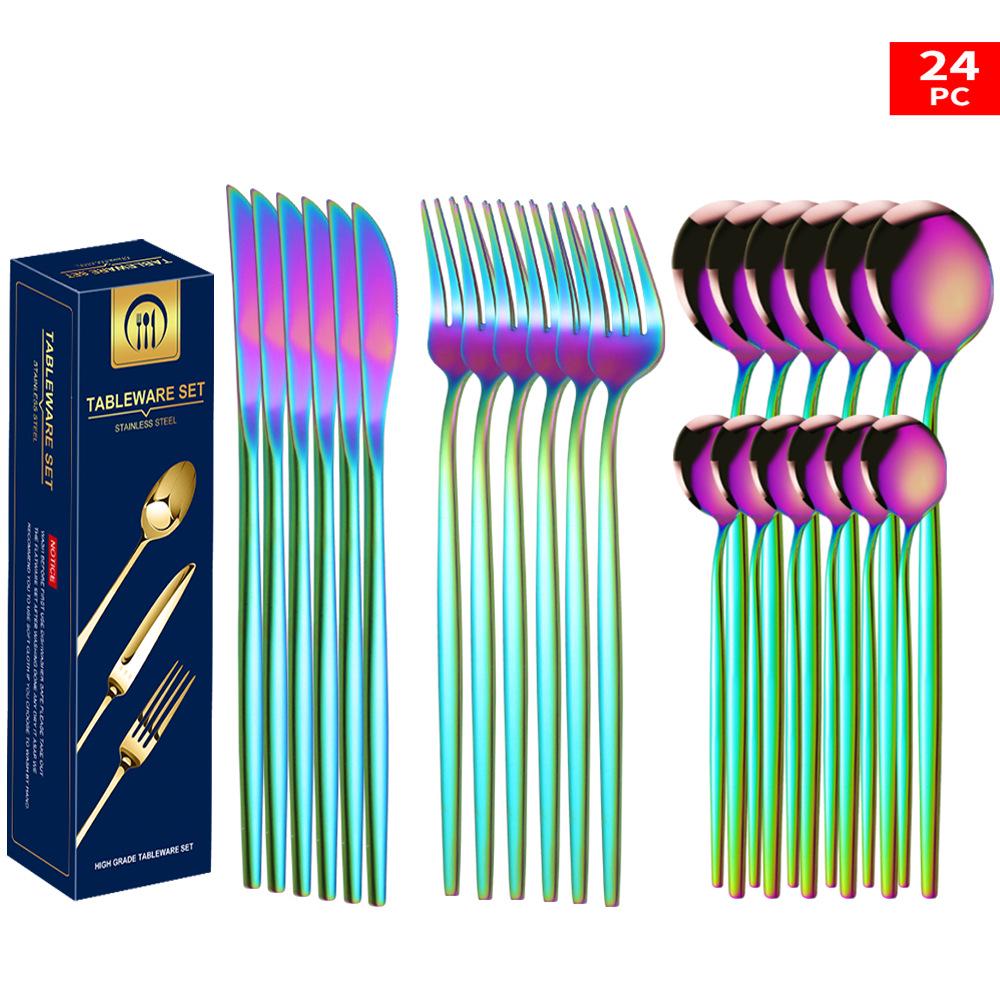 Set tacâmuri din oțel inoxidabil Portugal Gold, 24 de piese: Cuțit de Steak, Furculiță, Lingură de Hotel în Cutie Cadou