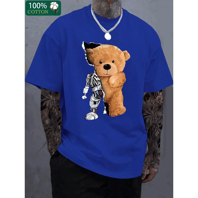 Men's 100% Pure Cotton Summer Loose Oversized Casual Mechanical Bear Pattern Printed Sports Round Neck Short Sleeved T-shirt Top