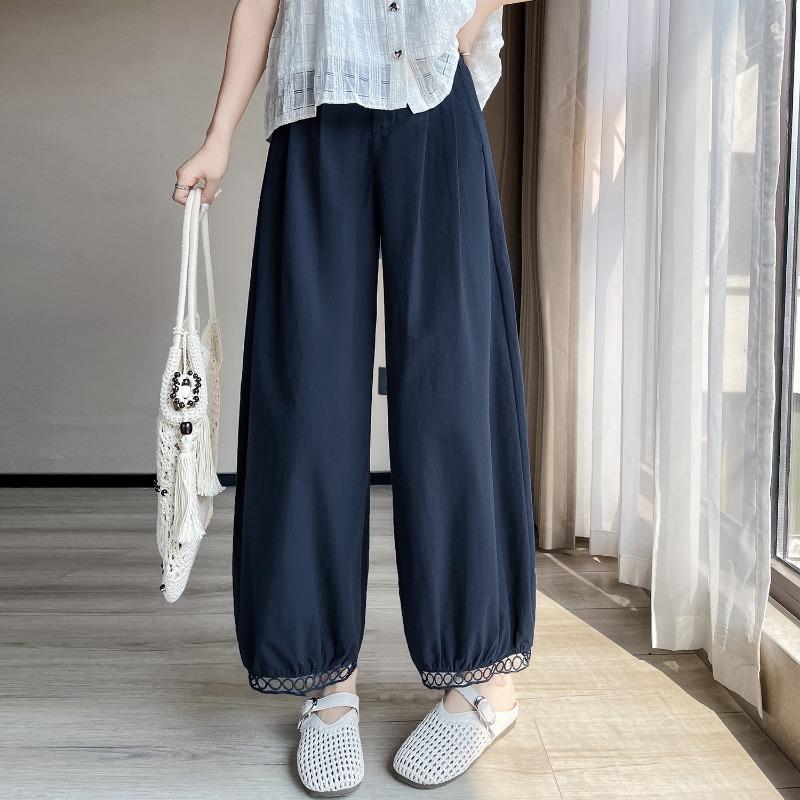Women Lace Hollow Out High Waisted Loose Wide Leg Cropped Casual Pants XS темно-синий