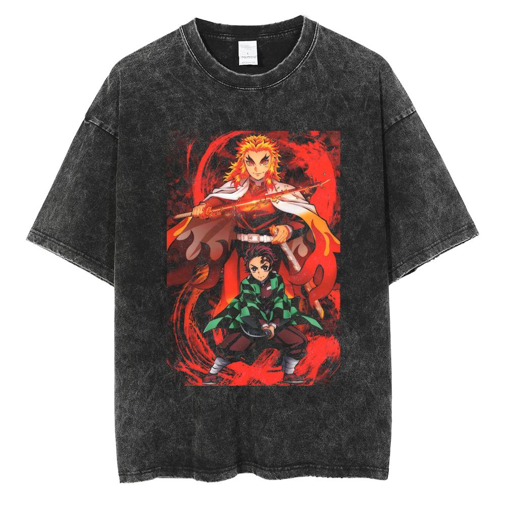 Anime Demon Slayer Kamado Tanjirou Printed T Shirt Men Women Washed Cotton Tshirts Manga Casual T-shirt Harajuku Male Tops