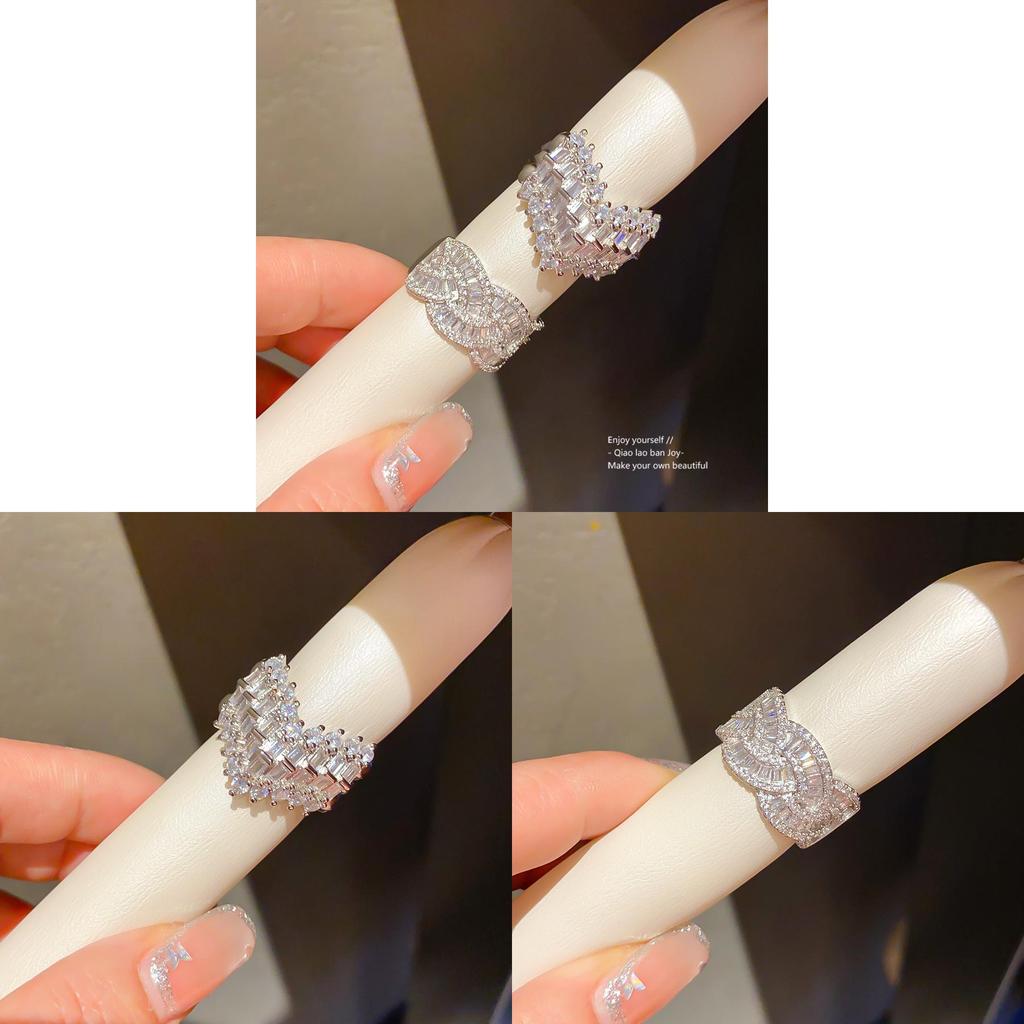 Silver Adjustable Zirconia Ring With Sparkling Line Design For Women