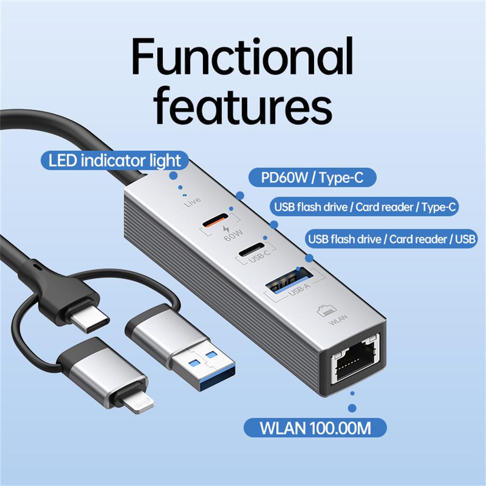PD 60W 4 In 1 Hub Adapter iP/USB/Type-C Converter with Gigabit Ethernet/Digital Audio/Data Transfer for Laptops/PCs/Tablets/Phones