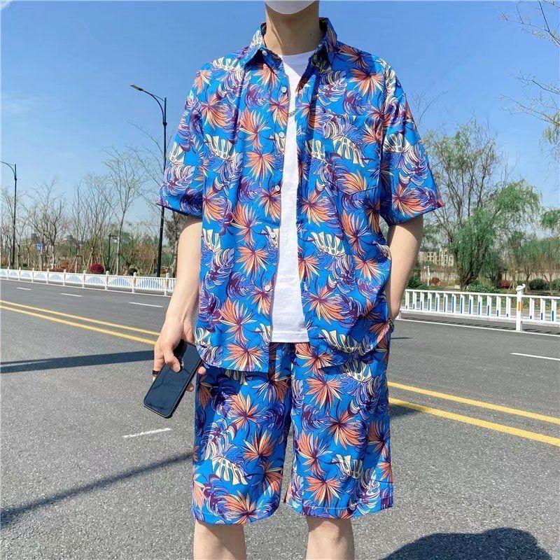 Summer Hawaiian Shirt Suit Loose Square Collar Short Sleeve Pocket Floral Shirts Shorts 2 Piece Set Vintage Hawaiian Beach Suits