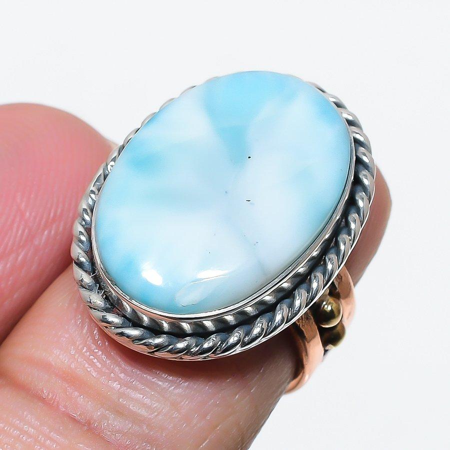 Natural Larimar Gemstone 925 Solid Sterling Silver TwoTone Gift Ring S.6 T3g94