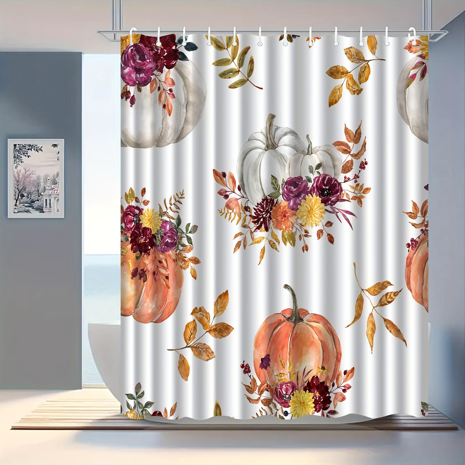 Elegant Pumpkin Floral Shower Curtain, Anti-Fog, Vibrant Orange Pumpkins & Autumn Leaves Design,  Hooks Included W90xH180cm