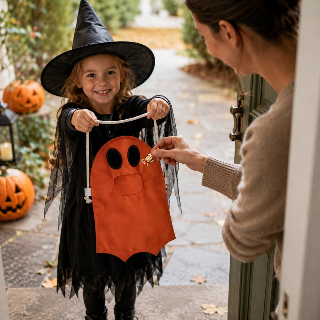 Halloween Ghost Candy Bag Portable Treat Storage Sack with Drawstring Handle Reusable Fabric Gift Holder for Party Favors and Trick or Treat