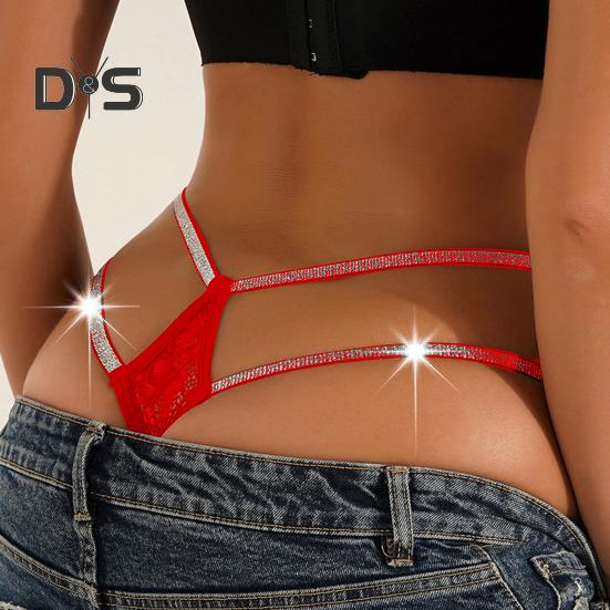 Sexy Women G string Thong Low Waist See through Sheer Hollow Floral Lace Rhinestone Straps Breathable Soft Ladies Underwear Brief Panties