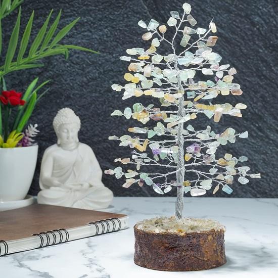 Fluorit Tree of Life Křišťálový drahokamový strom pro pozitivní energii Drát Feng Shui Bonsai strom, krystaly Tree Dekorace do obývacího pokoje Stříbrný drát