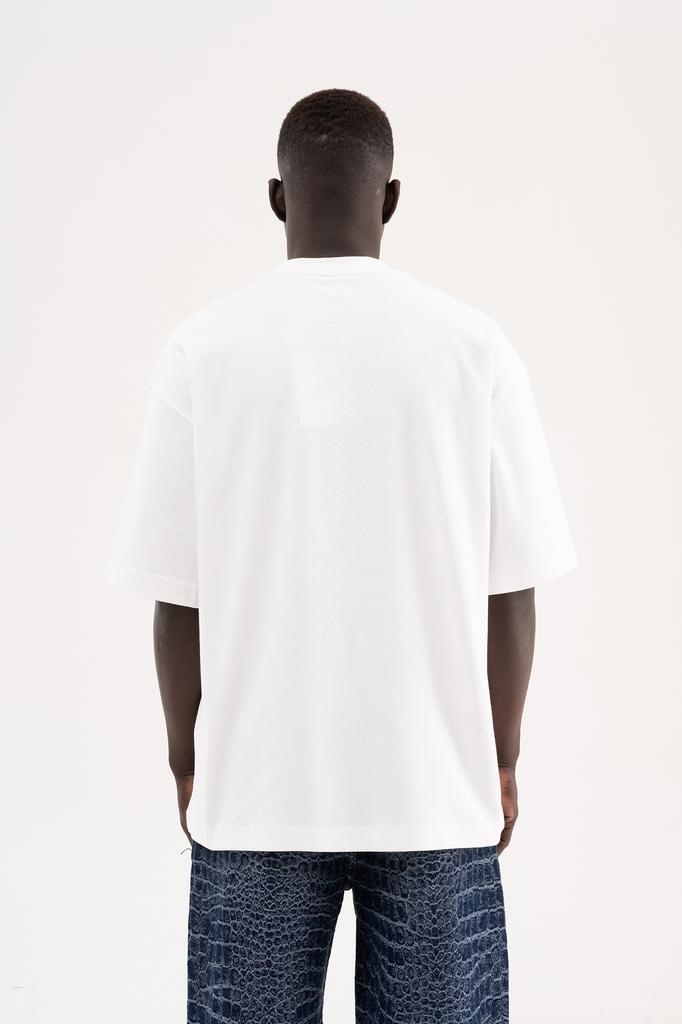 Men's Oversized T-shirt with Embroidered Metallic Logo – Interlock Machinist – Ecru S