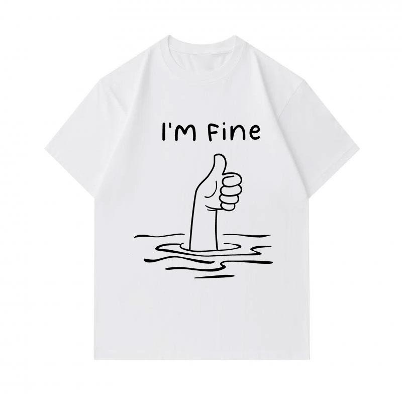 Men's 100% Cotton Crew Neck Short Sleeve T-Shirt, Funny Drowning Hand Thumbs Up I'm Fine Printed Casual Comfortable Lightweight Summer Daily Wear Tee