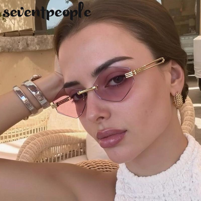 Classic Rimless Hexagon Sunglasses Women  Luxury Brand Vintage Steampunk Metal Outdoor Sun Glasses For Ladies Polygon Shades
