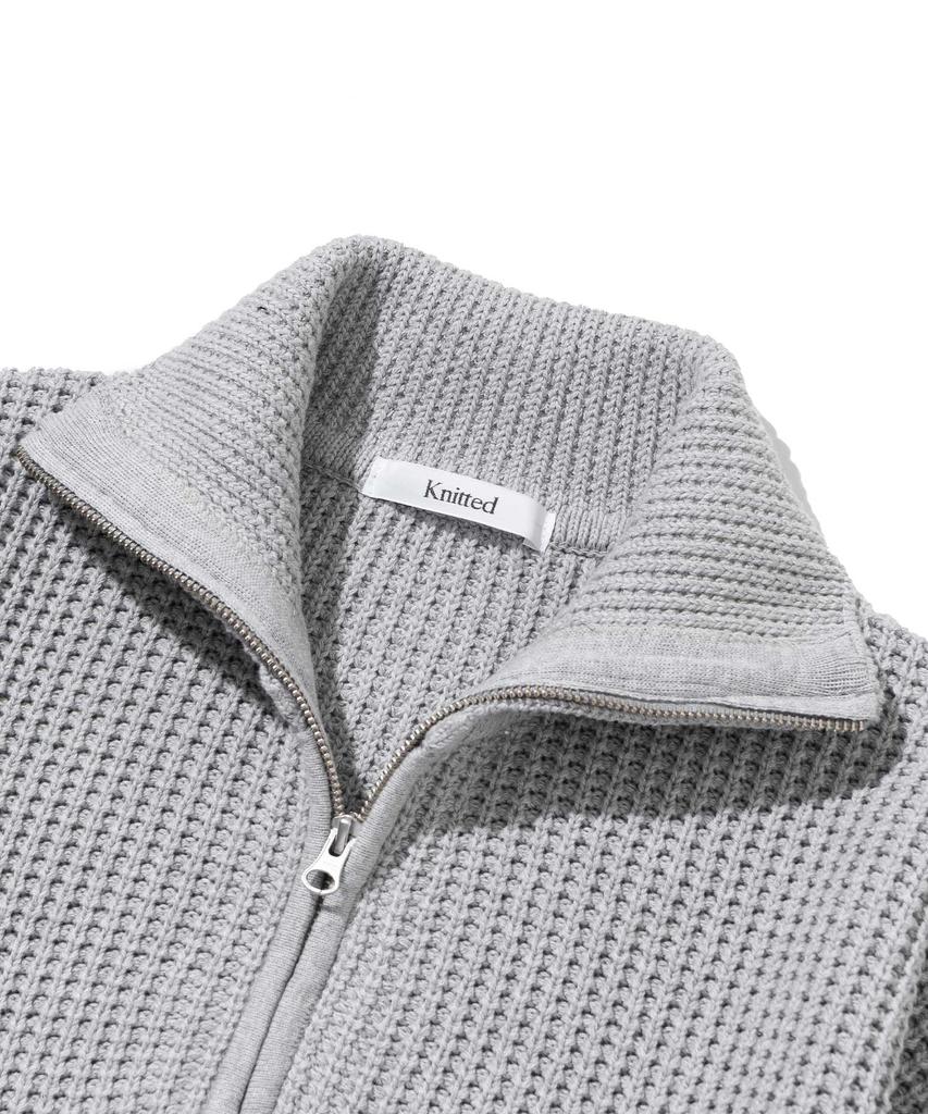 KNITTED Soft Cotton Heavy Waffle Half Zip Knit Melange Grey