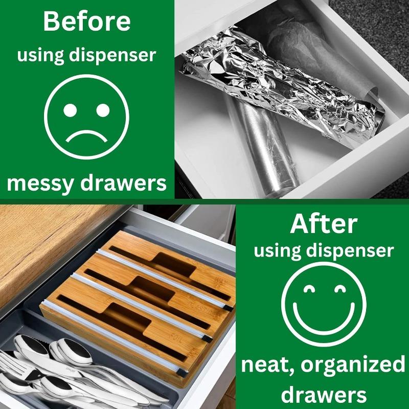 3 In 1 Wrap Organizer with Cutter Plastic Wrap Aluminum Foil Wax Paper Bamboo Dispenser Natural Bamboo-Made Kitchen Organizer