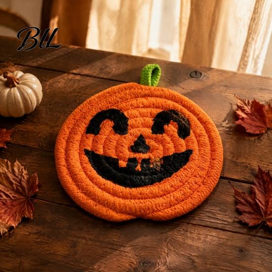 Halloween Kitchen Tableware Pumpkin Cotton Rope Coaster, Handwoven Placemat with Funny Face, Iron Reusable Drink Coasters Craft Table Mat for
