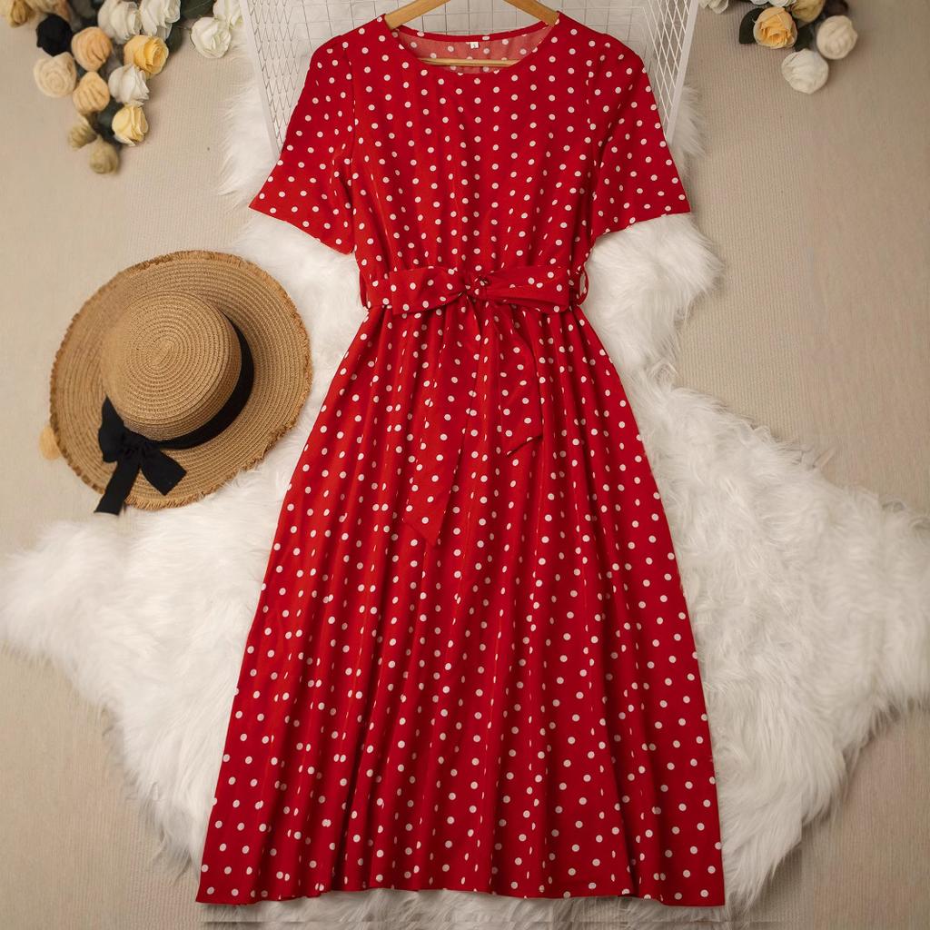 Women Retro Elegant Round Neck Short Sleeve Polka Dot Waist Tied Flared Midi Dress