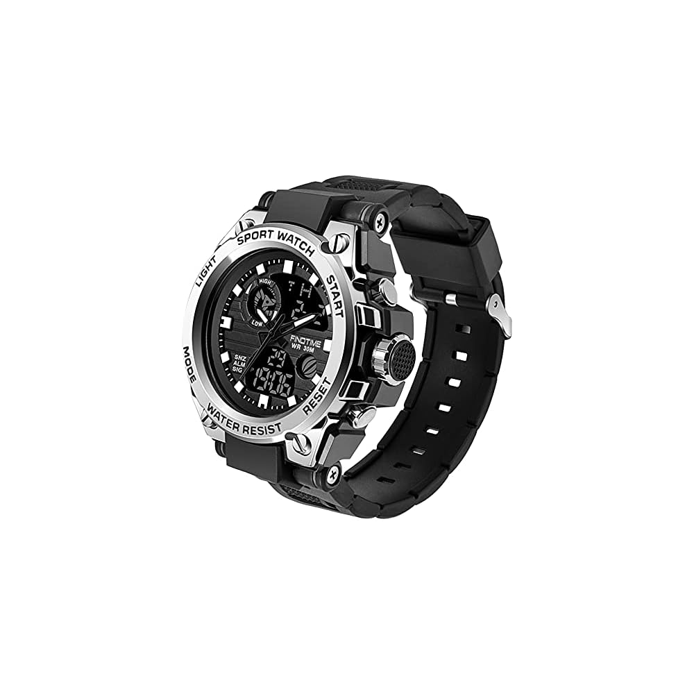 Findtime Digital Men s Watch Dual Time Waterproof Sports Stopwatch Alarm LED Black Silver