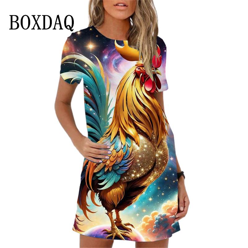 Women Dress Streetwear Clothing Casual Loose Short Sleeve O-Neck Mini Dress Fish Octopus Crabfish Pattern Woman Dresses