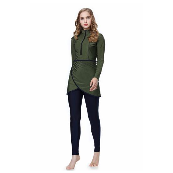 Conjunto de 3 Peças/Conjunto Feminino Maiô Dividido Saia Frontal Fechamento Seguro com Zíper Proteção UV Tops Calças Compridas para Natação Conjunto com Lenço de Cabeça